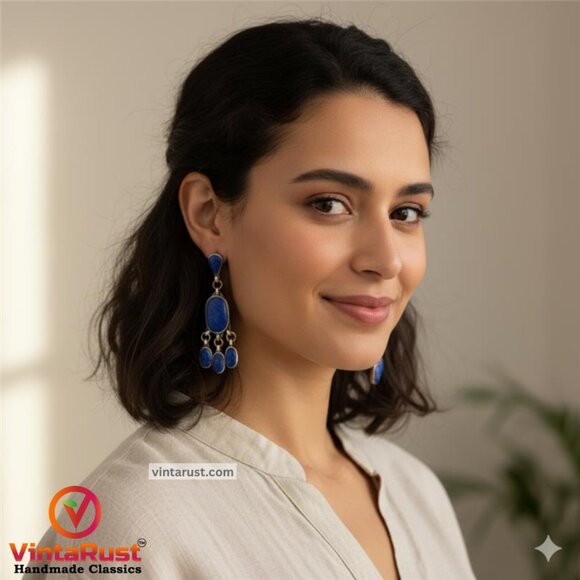 Handmade Lapis Lazuli Dangle Earrings, Boho Chic Lapis Lazuli Earrings - Picture 1 of 3